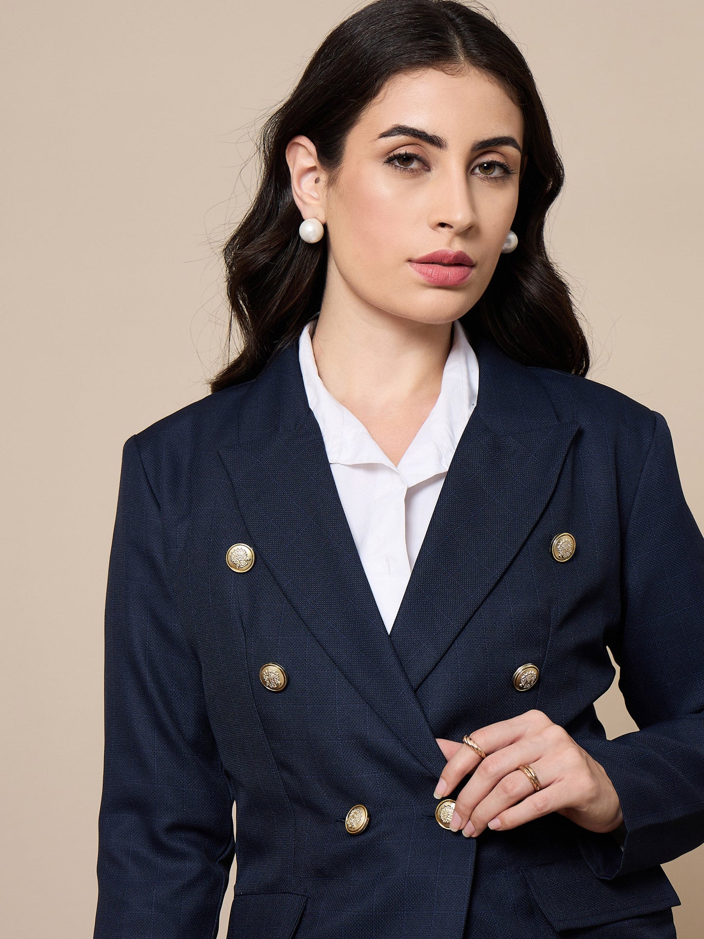 Navy Double-Breasted Check Blazer