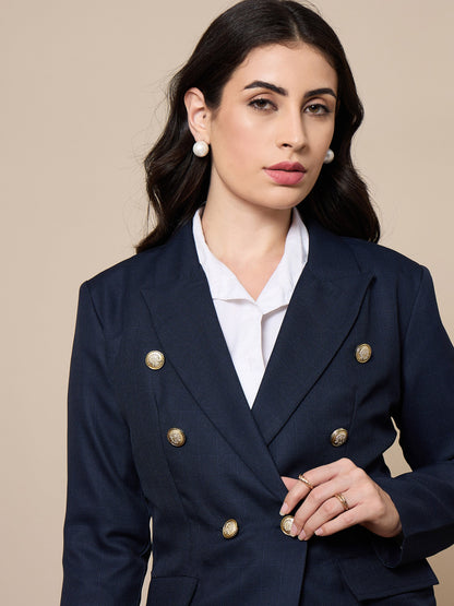 Navy Double-Breasted Check Blazer