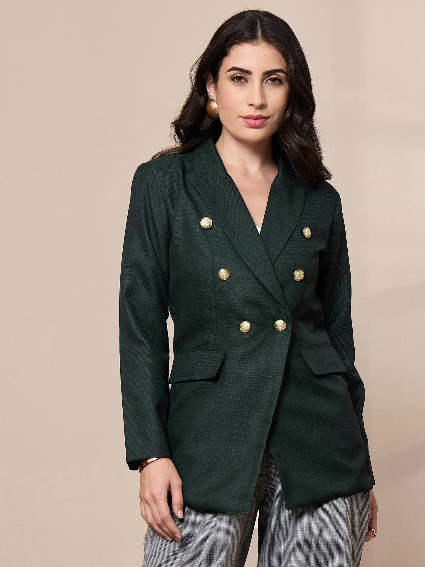 Green Double-Breasted Check Blazer