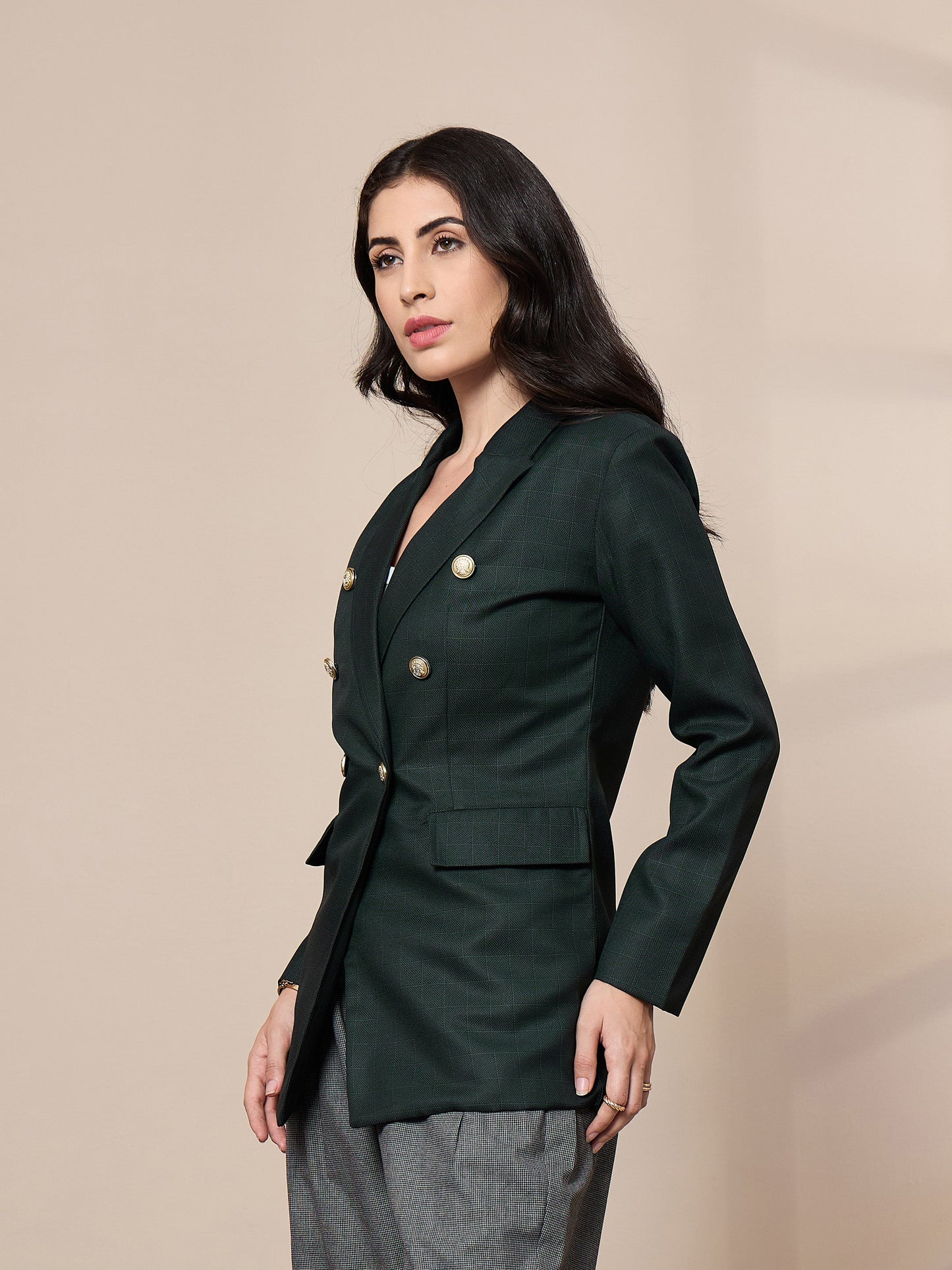 Green Double-Breasted Check Blazer