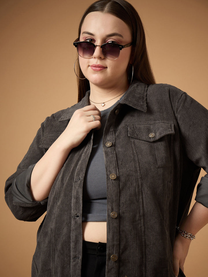Dark Grey Corduroy Front Button Jacket-SASSAFRAS Curve
