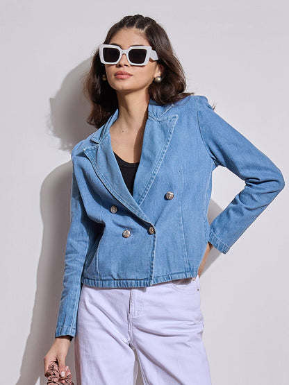 Women's Women Blue Denim Front Button Notch Collar Crop Blazer in Cotton by Sassafras for wholesale, bulk, supplier, manufacturer and wholesaler buyers from Trendphoria