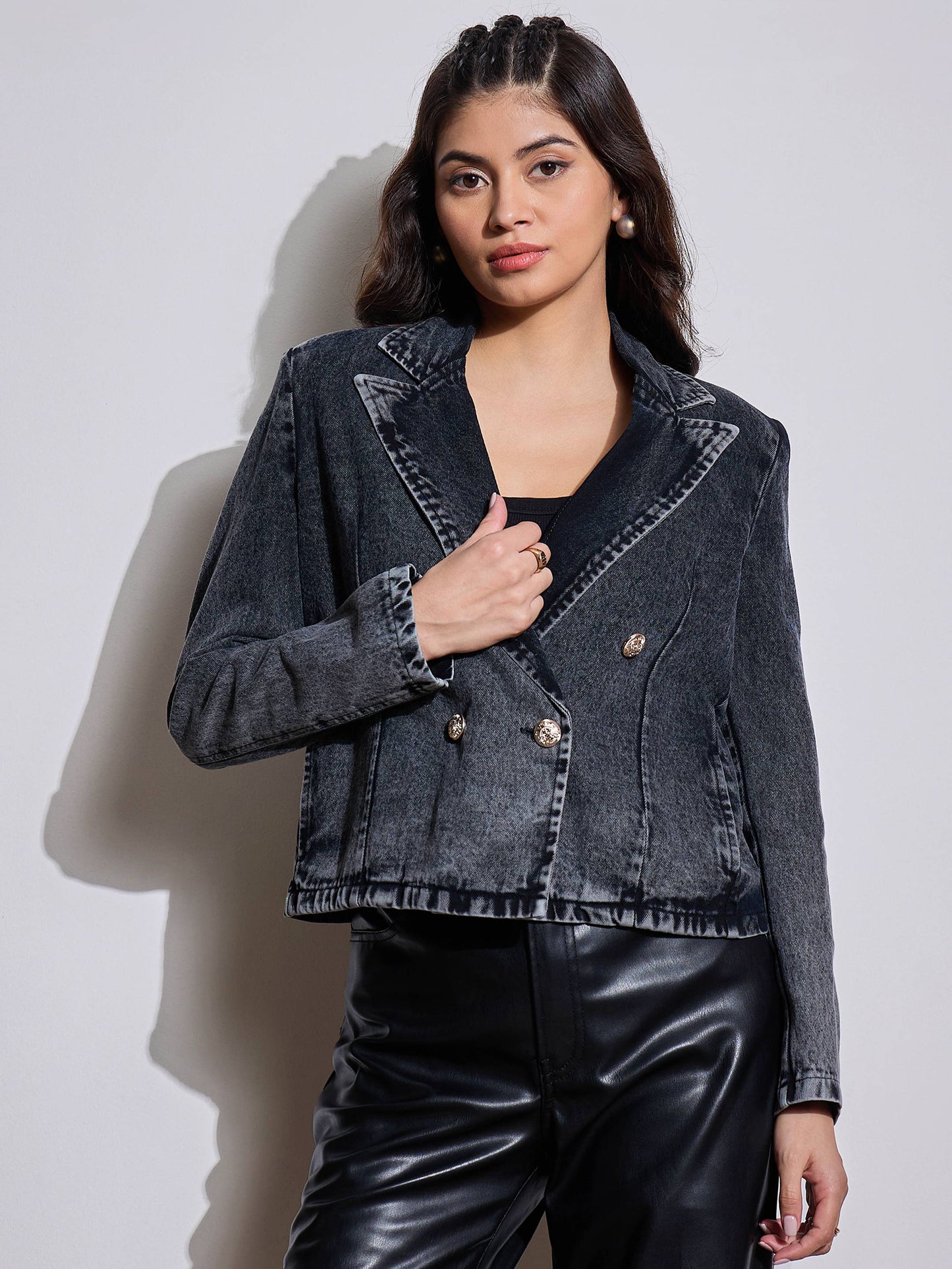 Black Denim Front Button Notch Collar Crop Blazer