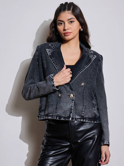 Black Denim Front Button Notch Collar Crop Blazer