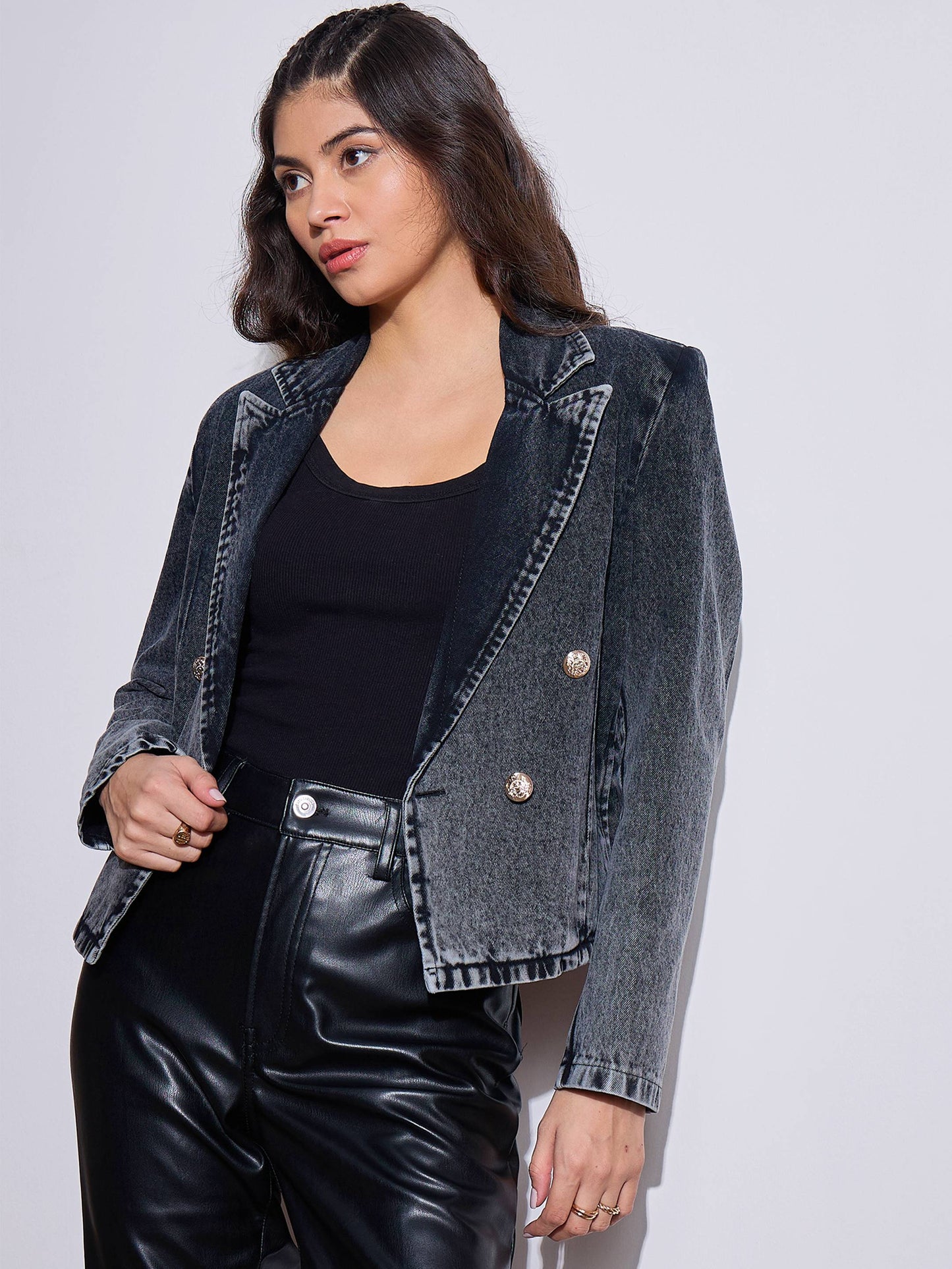Black Denim Front Button Notch Collar Crop Blazer