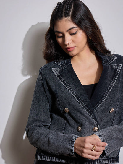 Black Denim Front Button Notch Collar Crop Blazer