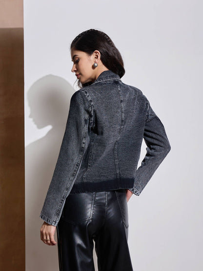 Black Denim Front Button Notch Collar Crop Blazer
