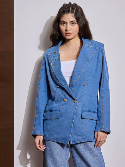 Women's Women Blue Notch Collar Full Sleeve Blazer in Cotton by Sassafras for wholesale, bulk, supplier, manufacturer and wholesaler buyers from Trendphoria
