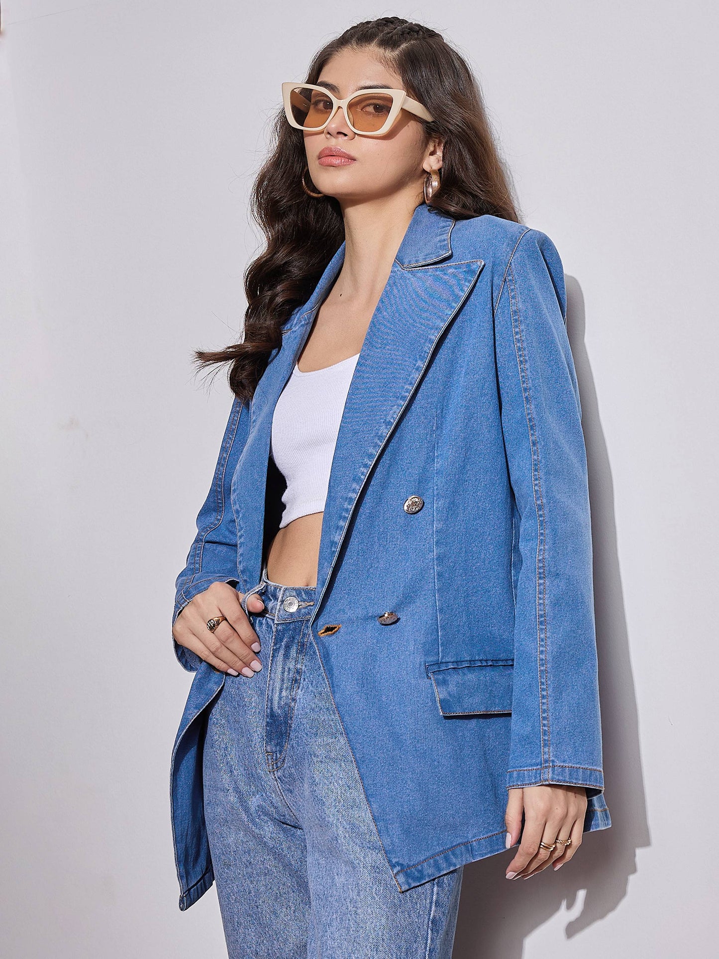 Women Blue Notch Collar Full Sleeve Blazer