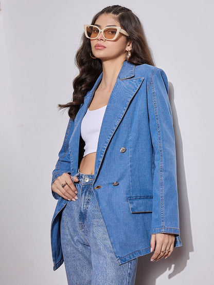 Women Blue Notch Collar Full Sleeve Blazer
