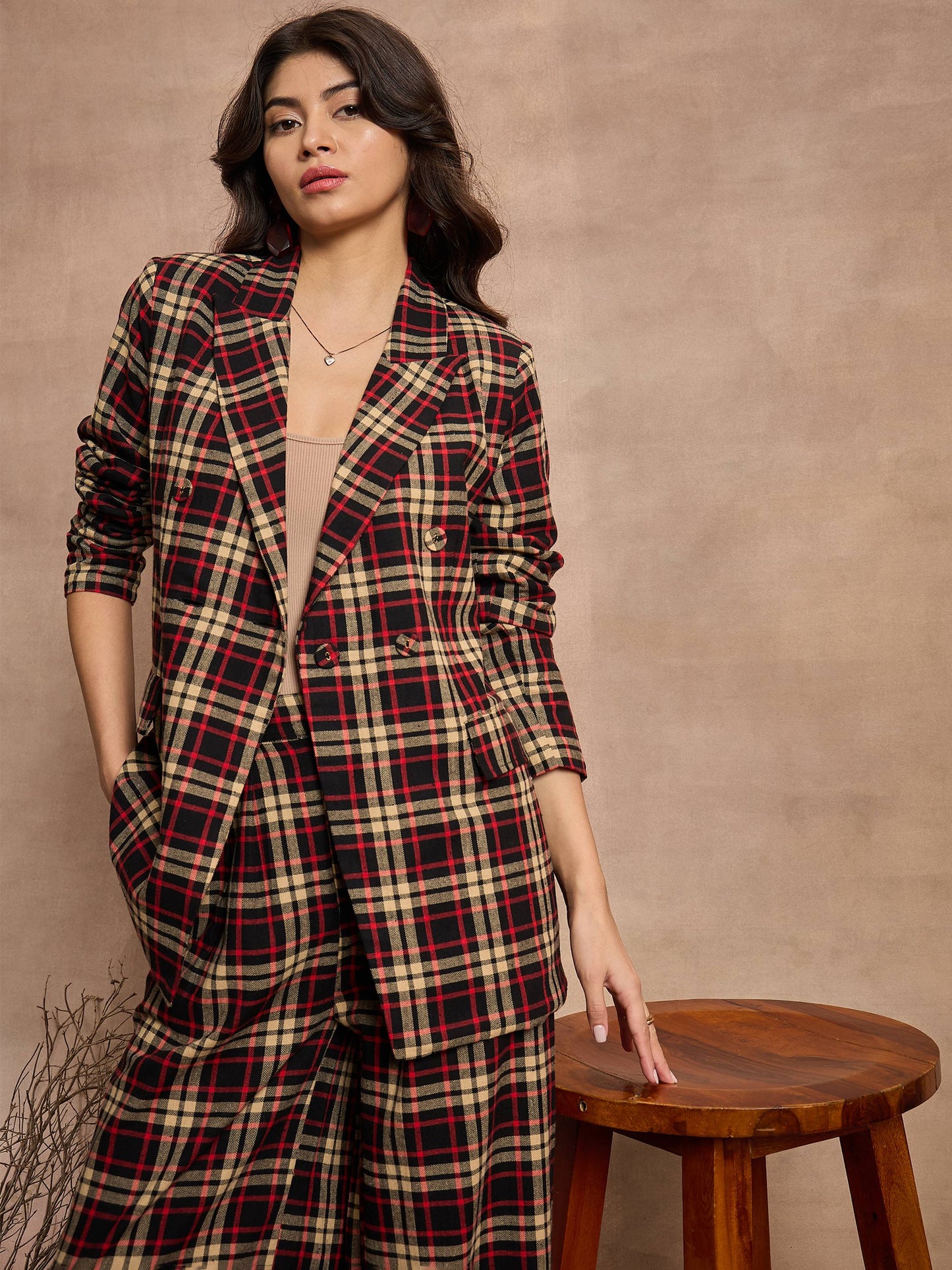 Black & Beige Check Double Brested Blazer