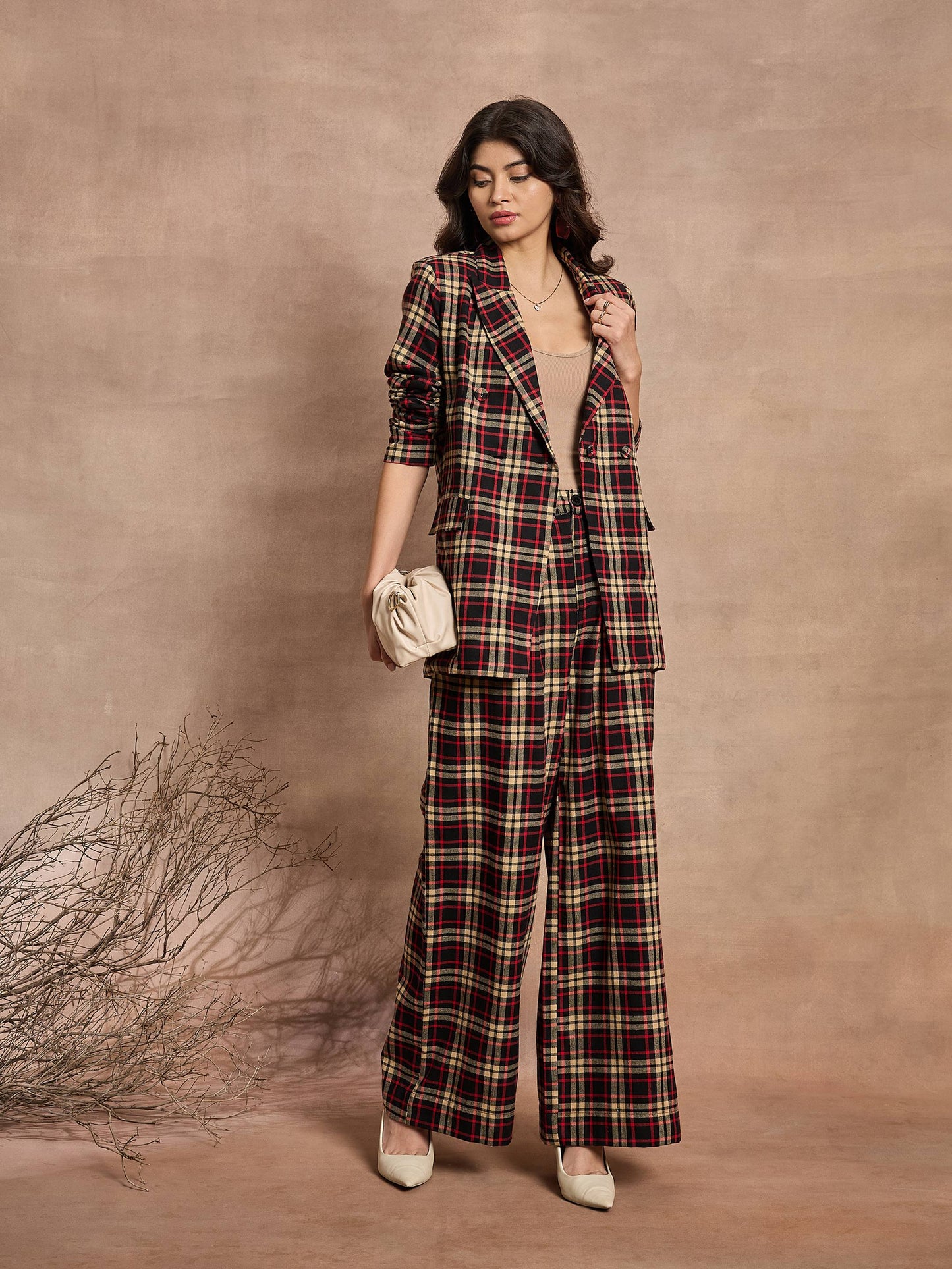 Black & Beige Check Double Brested Blazer