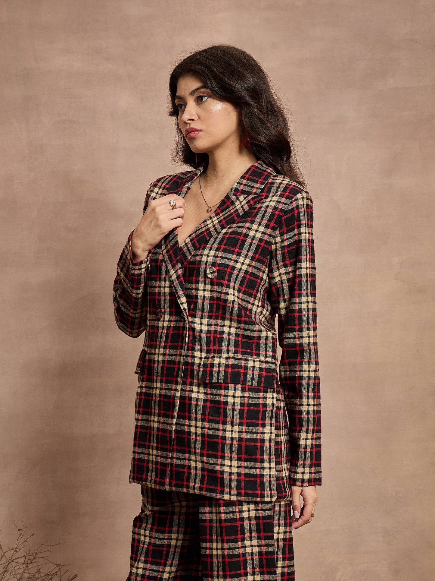 Black & Beige Check Double Brested Blazer