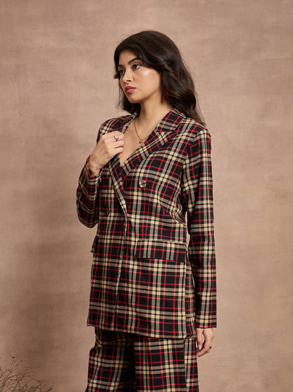 Black & Beige Check Double Brested Blazer