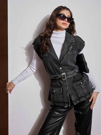 Black Washed Pocket Detail Sleeveless Belted Jacket