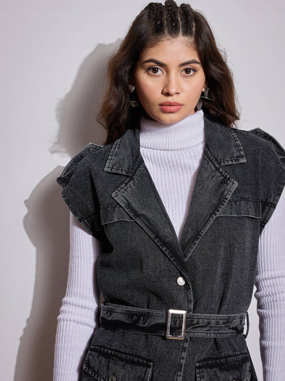 Black Washed Pocket Detail Sleeveless Belted Jacket