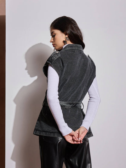 Black Washed Pocket Detail Sleeveless Belted Jacket