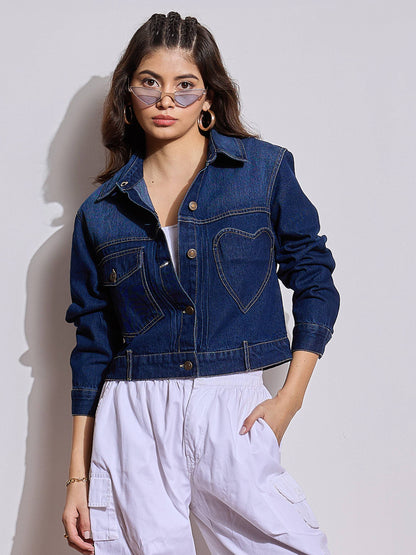 Blue Denim Heart Pockets Crop Jacket