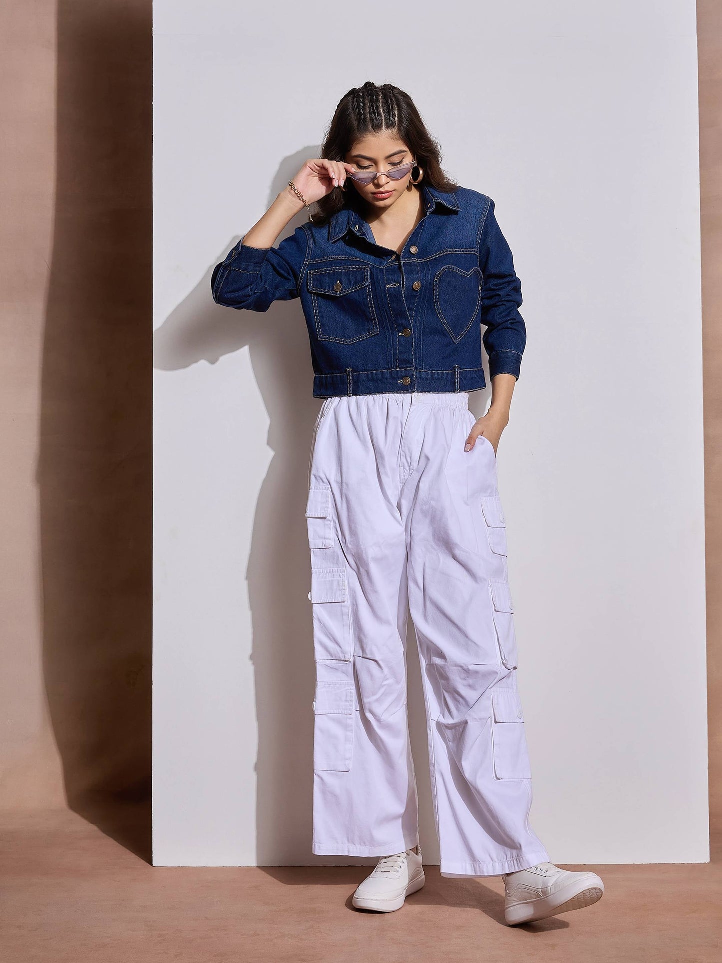 Blue Denim Heart Pockets Crop Jacket
