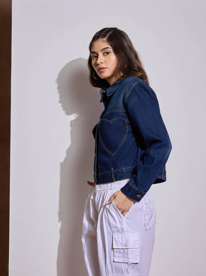 Blue Denim Heart Pockets Crop Jacket