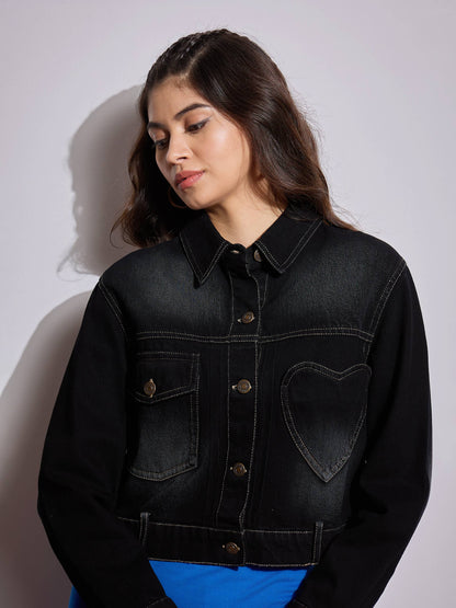 Black Denim Heart Pockets Crop Jacket
