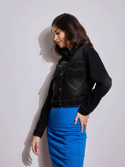 Black Denim Heart Pockets Crop Jacket