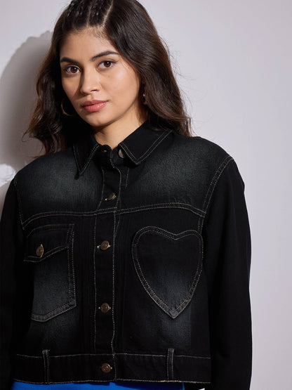 Black Denim Heart Pockets Crop Jacket