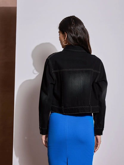 Black Denim Heart Pockets Crop Jacket