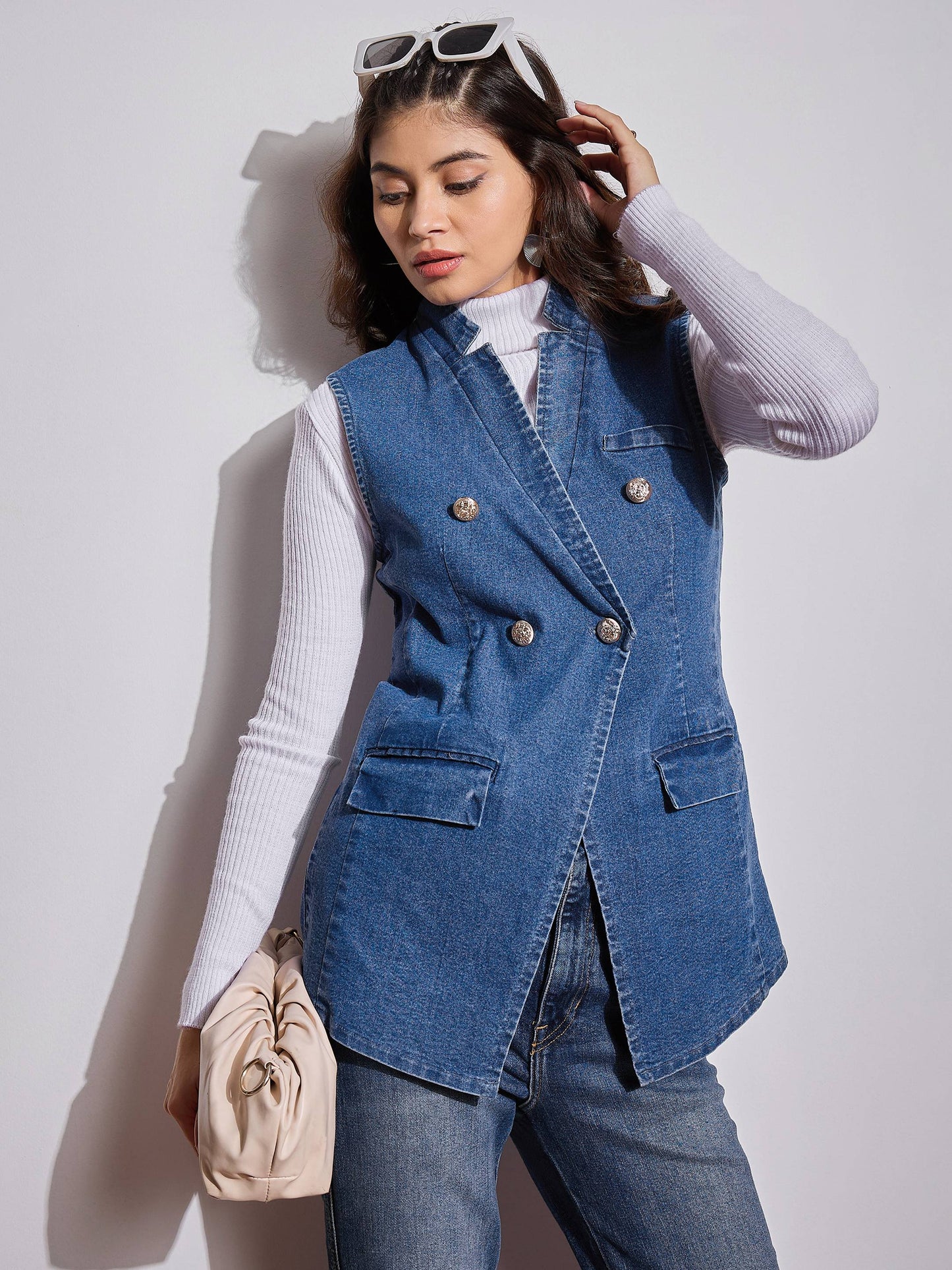 Women's Women Blue Denim Flap Pocket Sleeveless Jacket in Cotton by Sassafras for wholesale, bulk, supplier, manufacturer and wholesaler buyers from Trendphoria