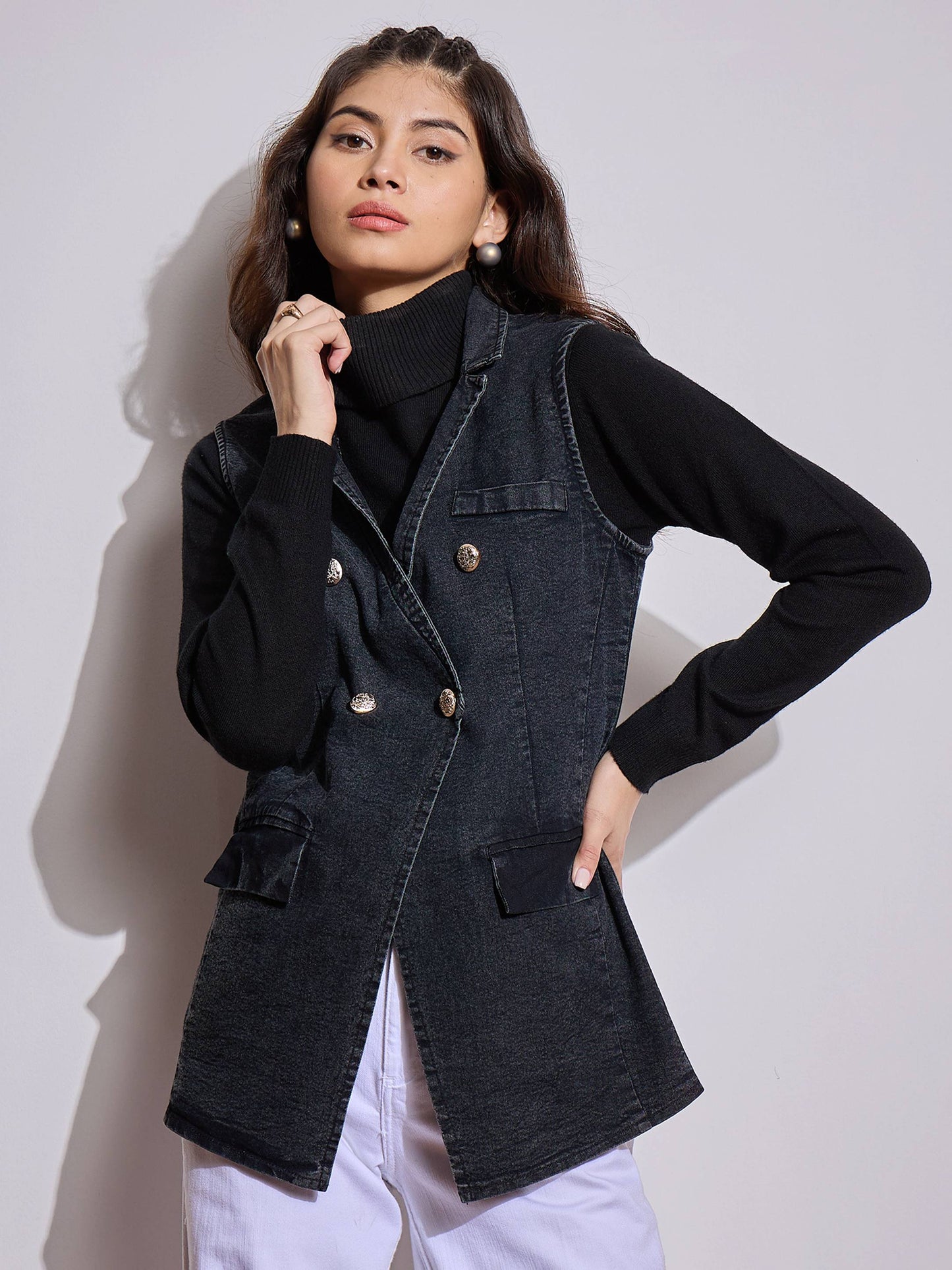 Black Denim Flap Pocket Sleeveless Jacket