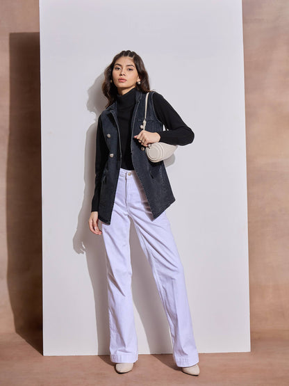 Black Denim Flap Pocket Sleeveless Jacket
