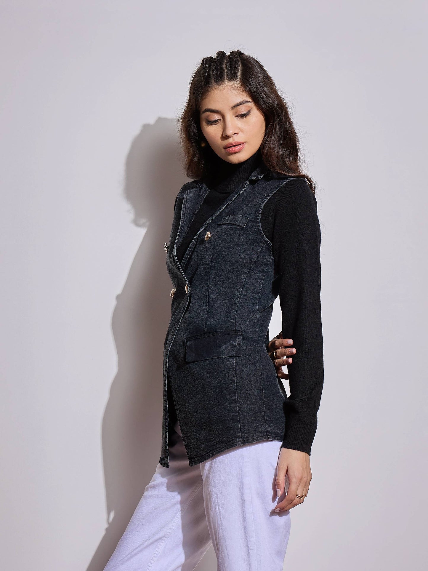 Black Denim Flap Pocket Sleeveless Jacket