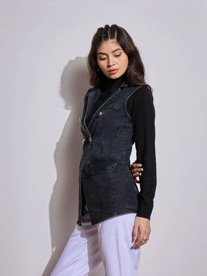 Black Denim Flap Pocket Sleeveless Jacket