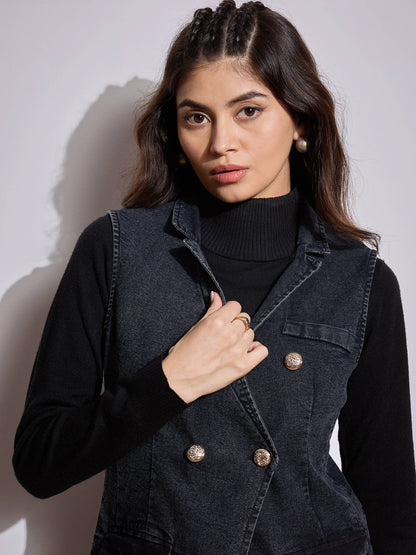 Black Denim Flap Pocket Sleeveless Jacket