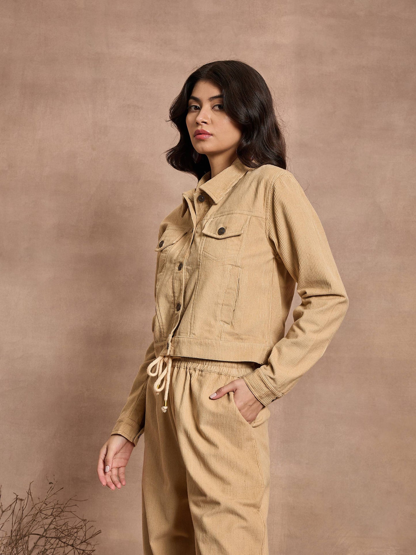 Beige Corduroy Full Sleeve Jacket