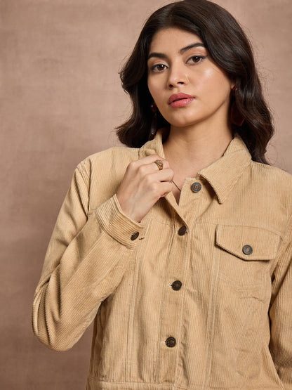 Beige Corduroy Full Sleeve Jacket