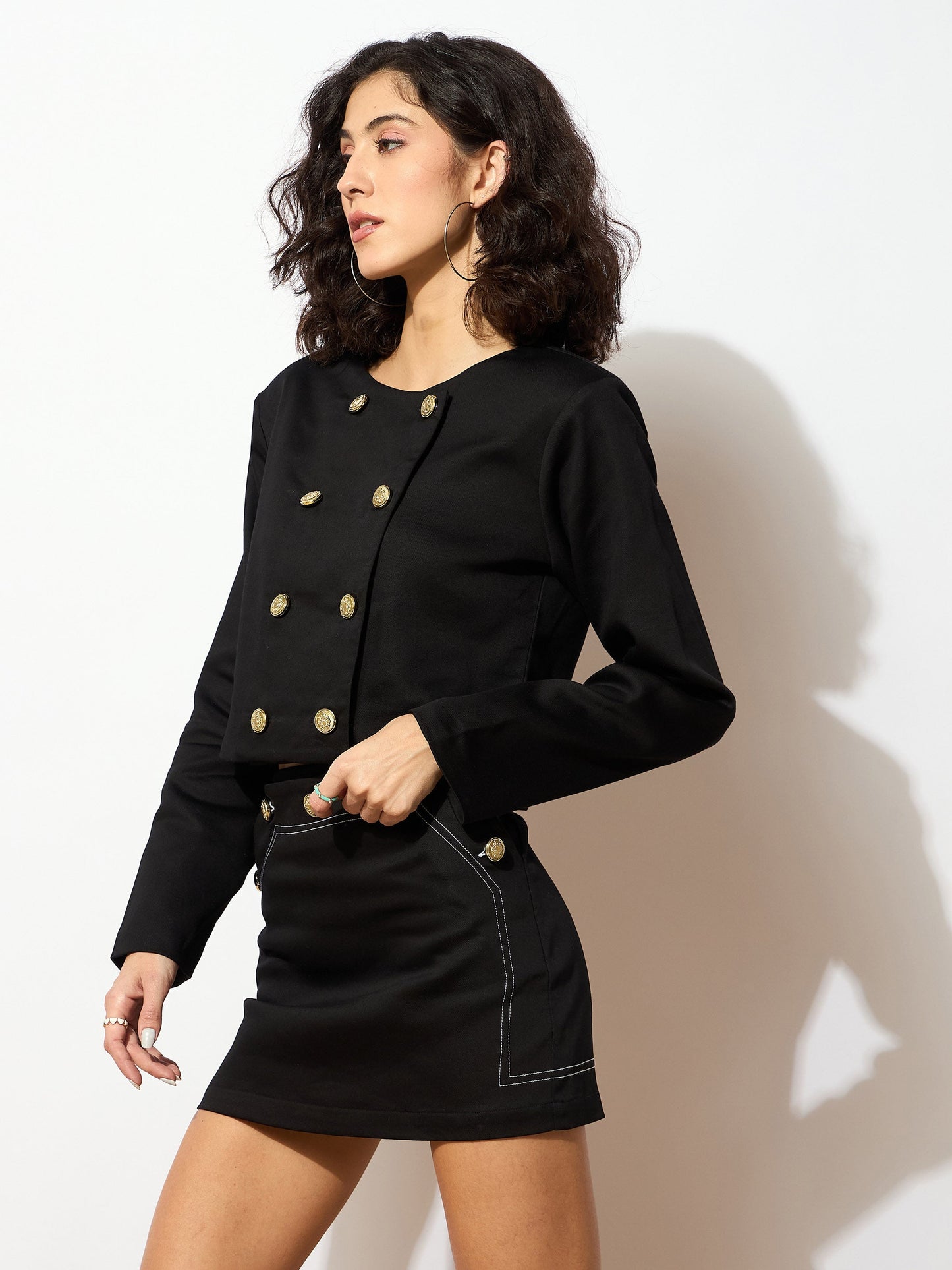 Black Twiill Double Breasted Crop Blazer