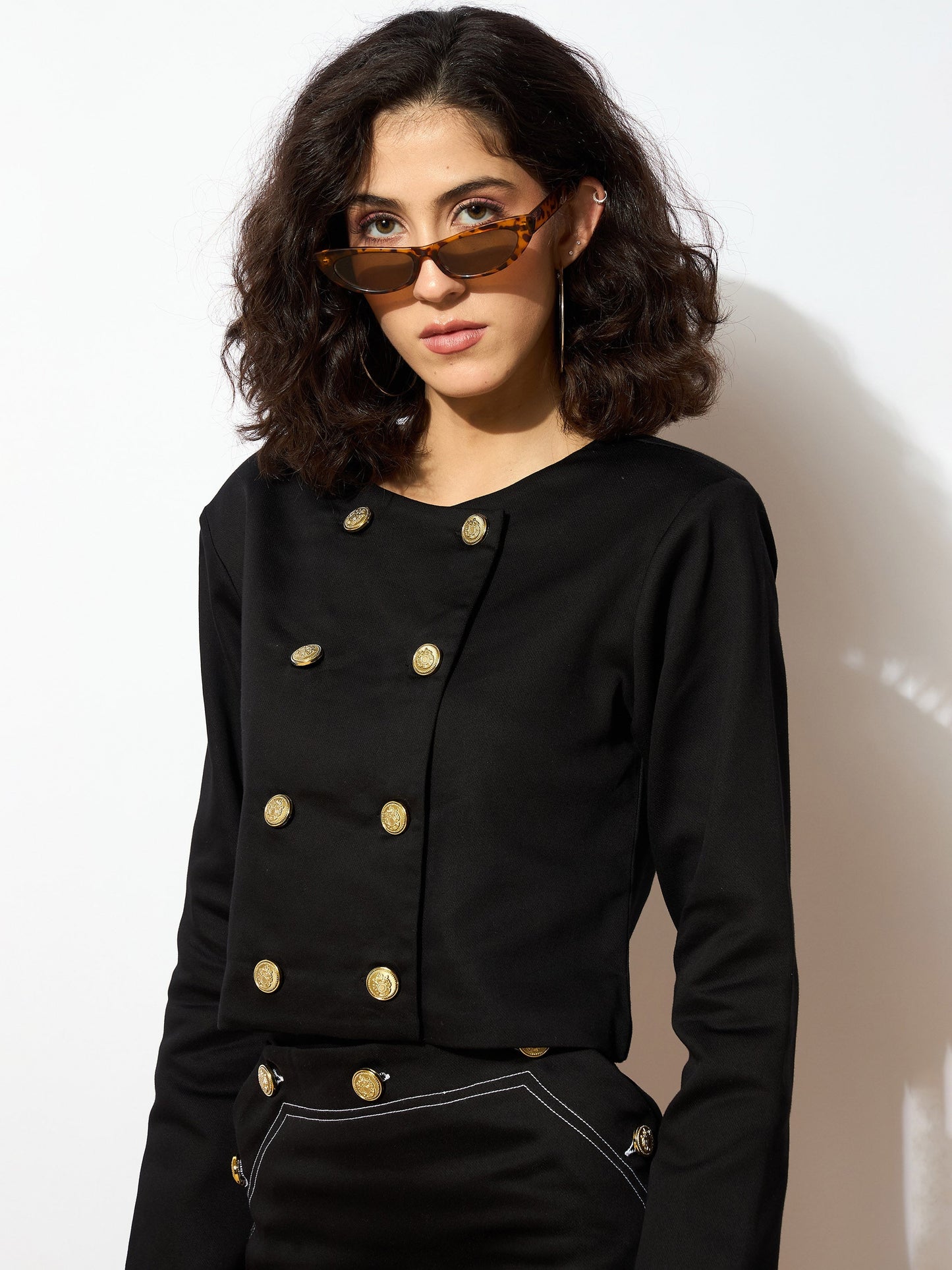 Black Twiill Double Breasted Crop Blazer
