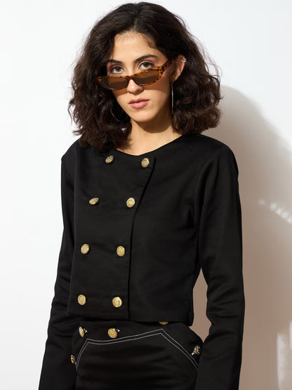 Black Twiill Double Breasted Crop Blazer