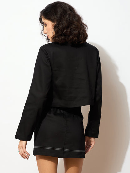 Black Twiill Double Breasted Crop Blazer