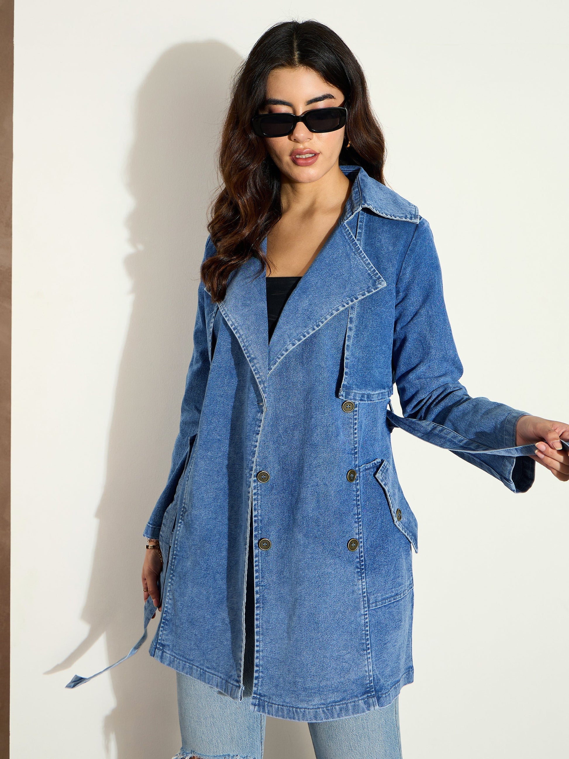 Women's Women Blue Washed Denim Trench Coat in Cotton by Sassafras for wholesale, bulk, supplier, manufacturer and wholesaler buyers from Trendphoria