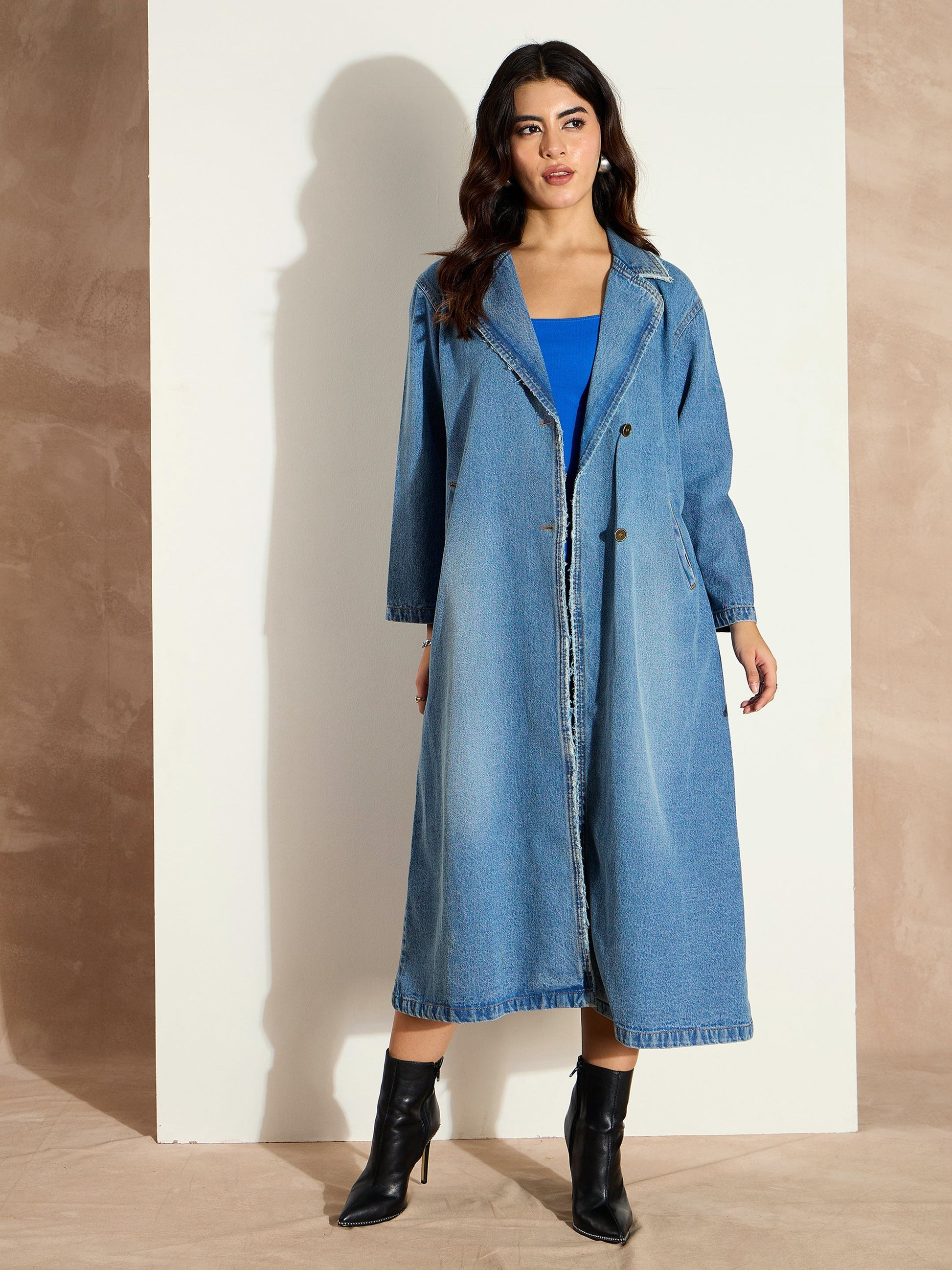 Women's Women Blue Acid Washed Denim Over Coat in Cotton by Sassafras for wholesale, bulk, supplier, manufacturer and wholesaler buyers from Trendphoria