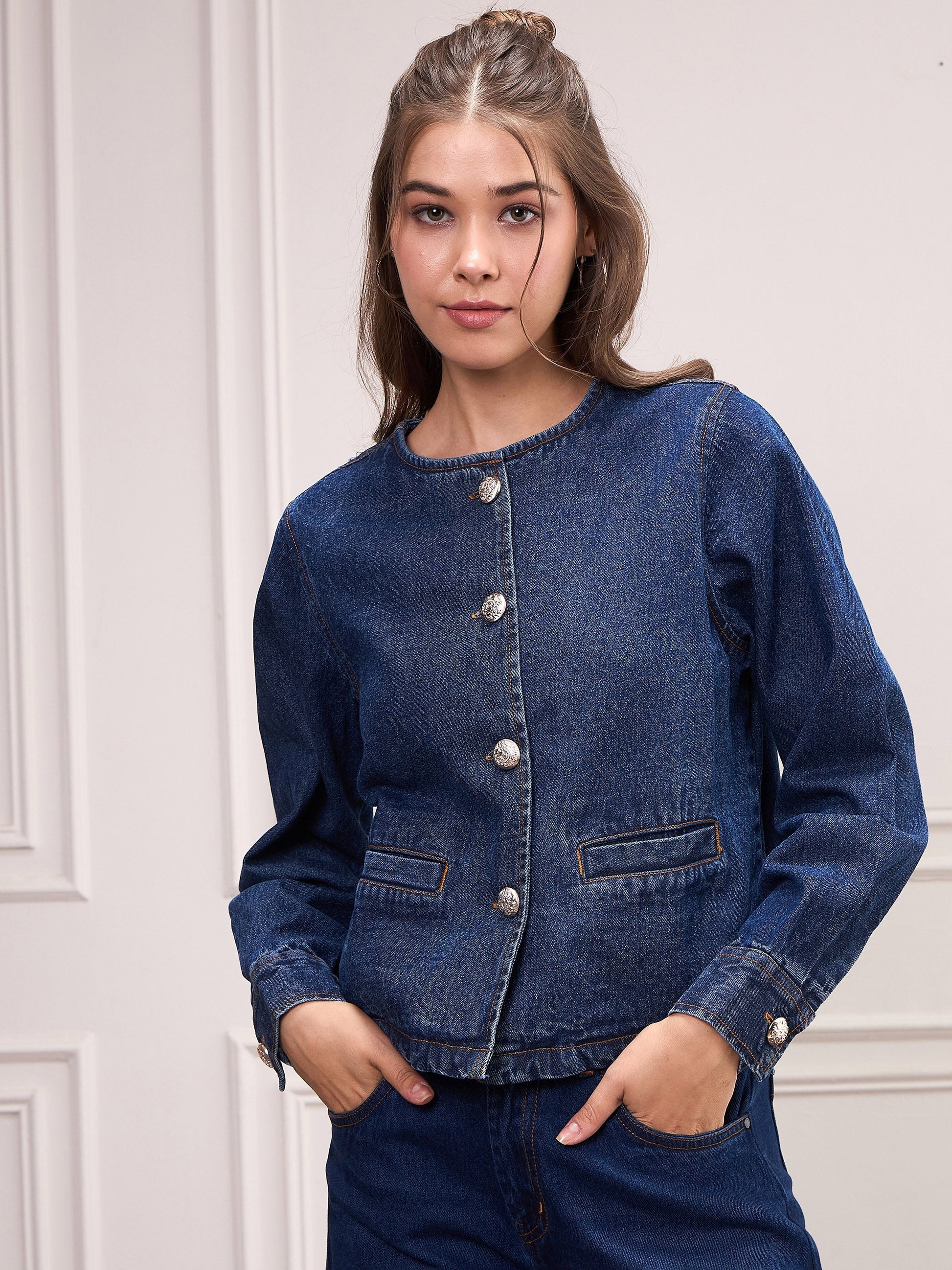 Women's Women Blue Washed Denim Front Button Jacket in Cotton by Sassafras for wholesale, bulk, supplier, manufacturer and wholesaler buyers from Trendphoria