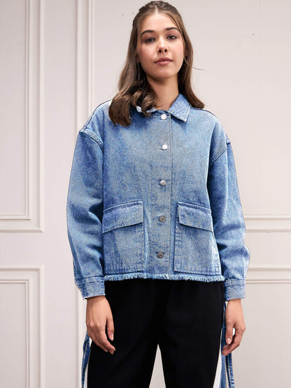 Blue Washed Denim Front Pocket Jacket