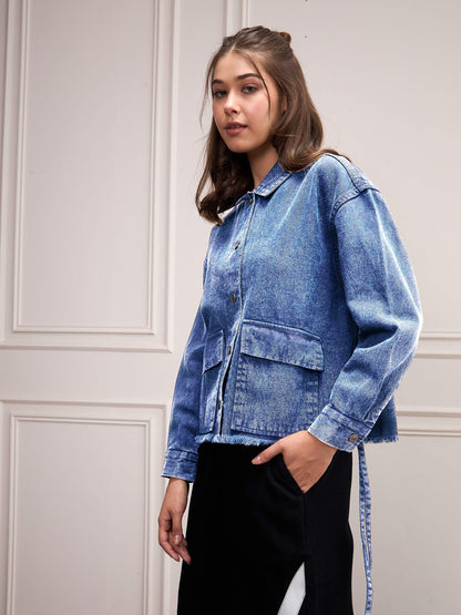 Blue Washed Denim Front Pocket Jacket