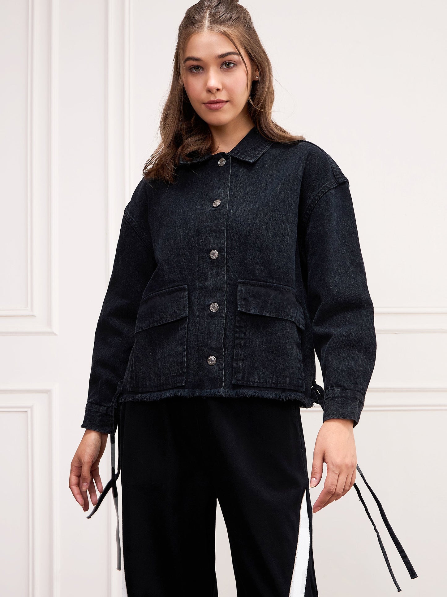 Women's Women Black Washed Denim Front Pocket Jacket in Cotton by Sassafras for wholesale, bulk, supplier, manufacturer and wholesaler buyers from Trendphoria