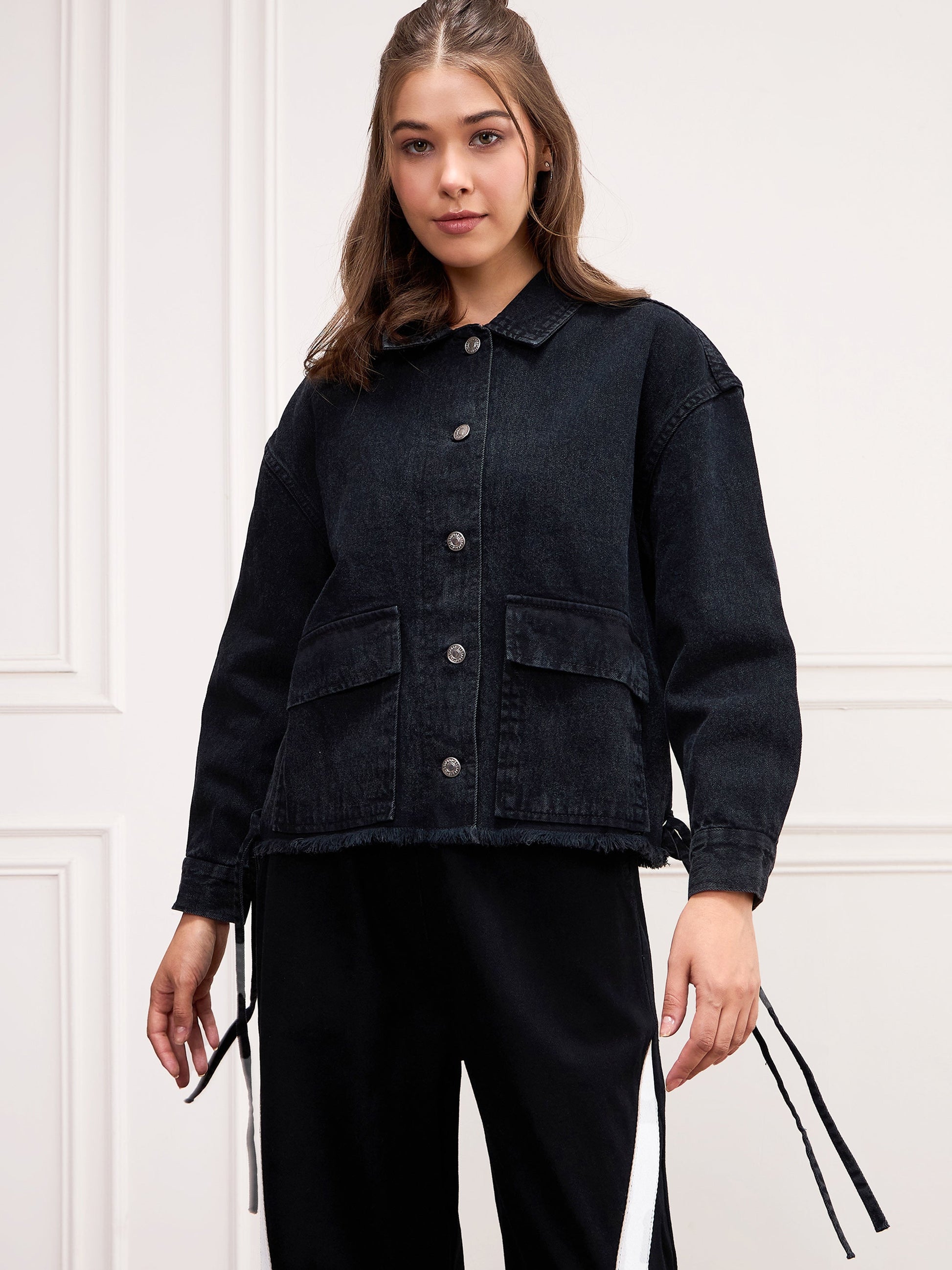 Women's Women Black Washed Denim Front Pocket Jacket in Cotton by Sassafras for wholesale, bulk, supplier, manufacturer and wholesaler buyers from Trendphoria