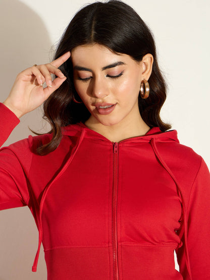 Red Terry Front Zipper Crop Jacket