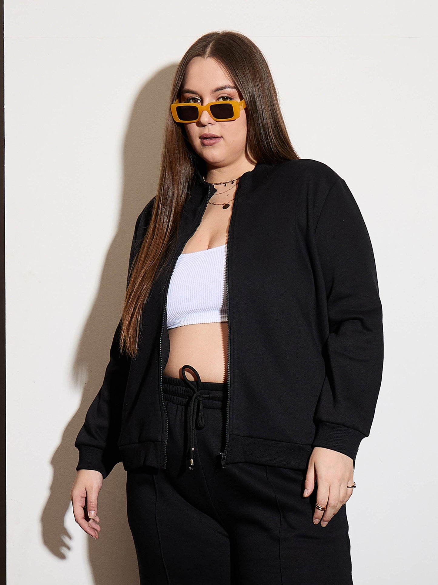 Plus size women's Black Polycotton Black Fleece Front Open Zipper Jacket by Sassafras Curve for wholesale buyers, boutiques, resellers and bulk