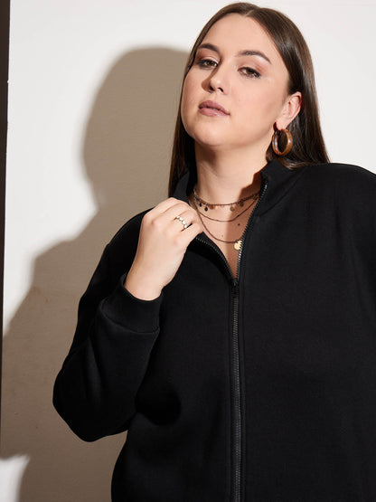Black Fleece Front Open Zipper Jacket-SASSAFRAS Curve